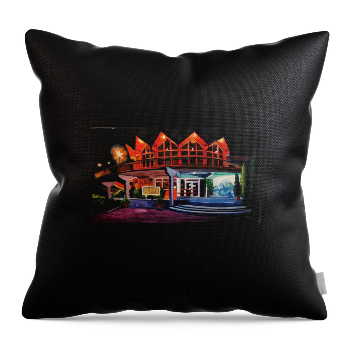 Asbury Art Throw Pillow featuring the painting Howard Johnsons at Night by Patricia Arroyo