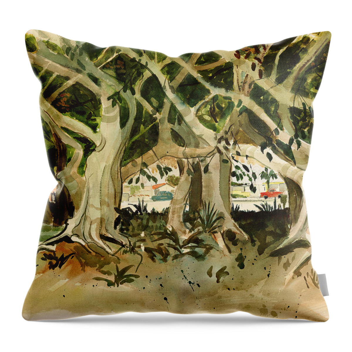 Landscape Throw Pillow featuring the painting Howley's Banyans by Thomas Tribby