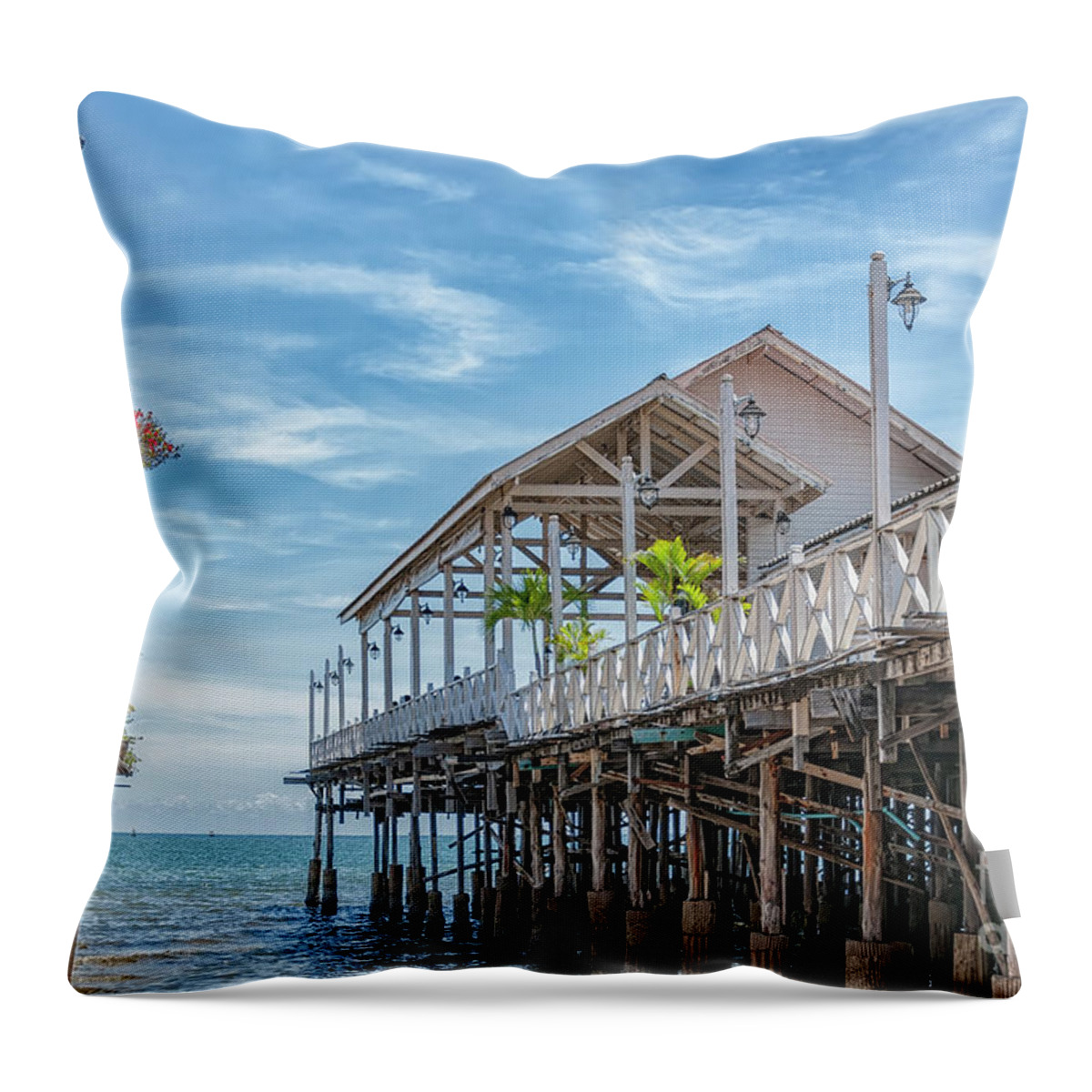 Boat Throw Pillow featuring the photograph Hua Hin Beach Encroaching Restaurant Pier by Antony McAulay