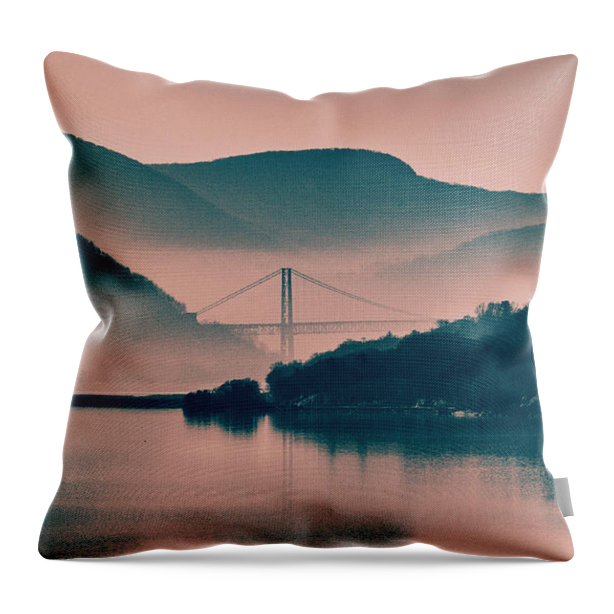 Bear Mountain Bridge Throw Pillow featuring the photograph Hudson Highlands Fog by Nancy De Flon