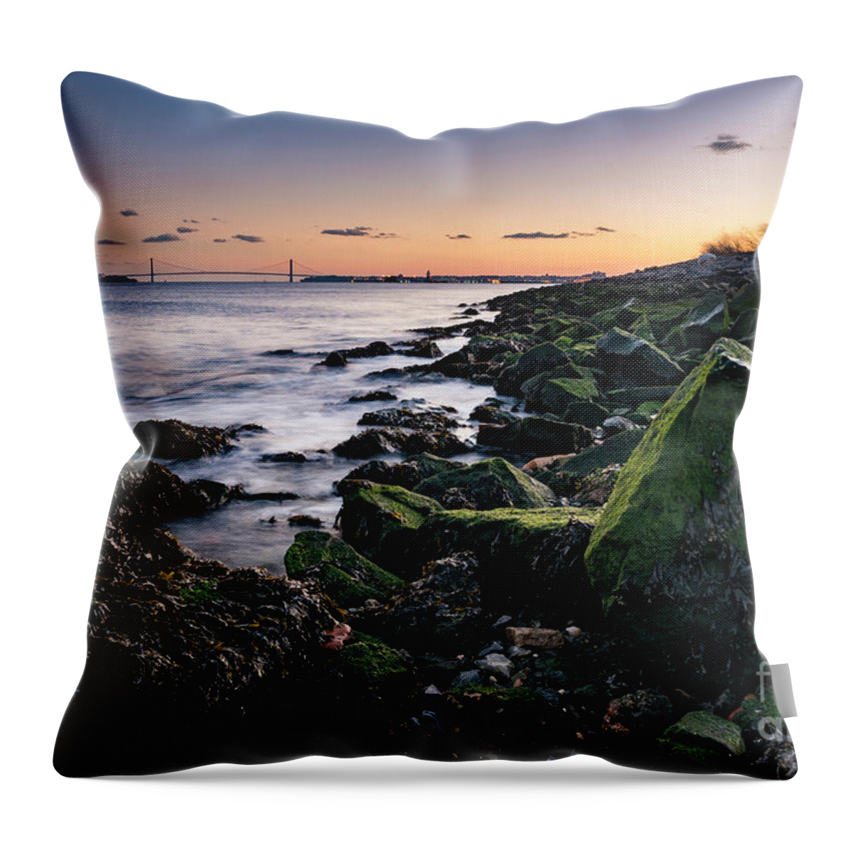 Sunset Throw Pillow featuring the photograph Hudson River and Verrazano-Narrows Bridge by Zawhaus Photography
