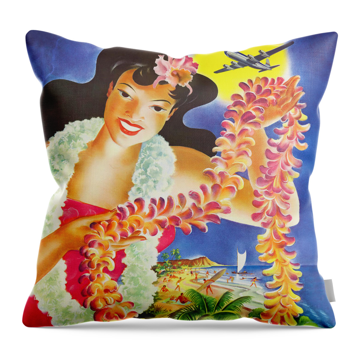 Hula Girl Throw Pillow featuring the painting Hula Girl with exotic flower wreath, airline vintage poster by Long Shot