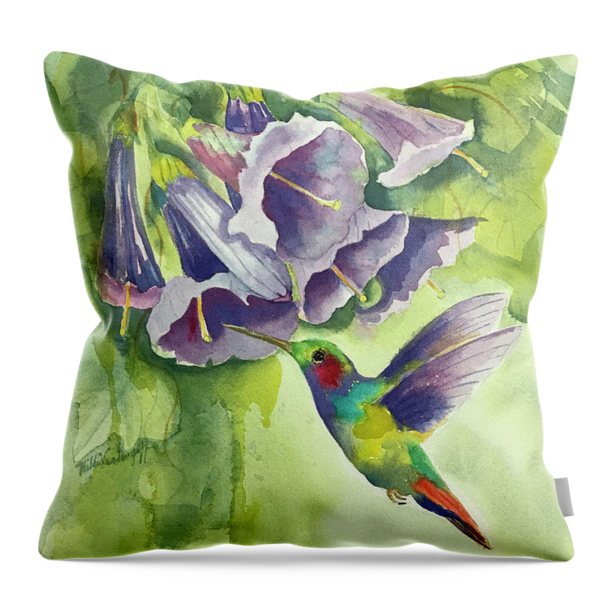 Hummingbird Throw Pillow featuring the painting Hummingbird and Trumpets by Hilda Vandergriff