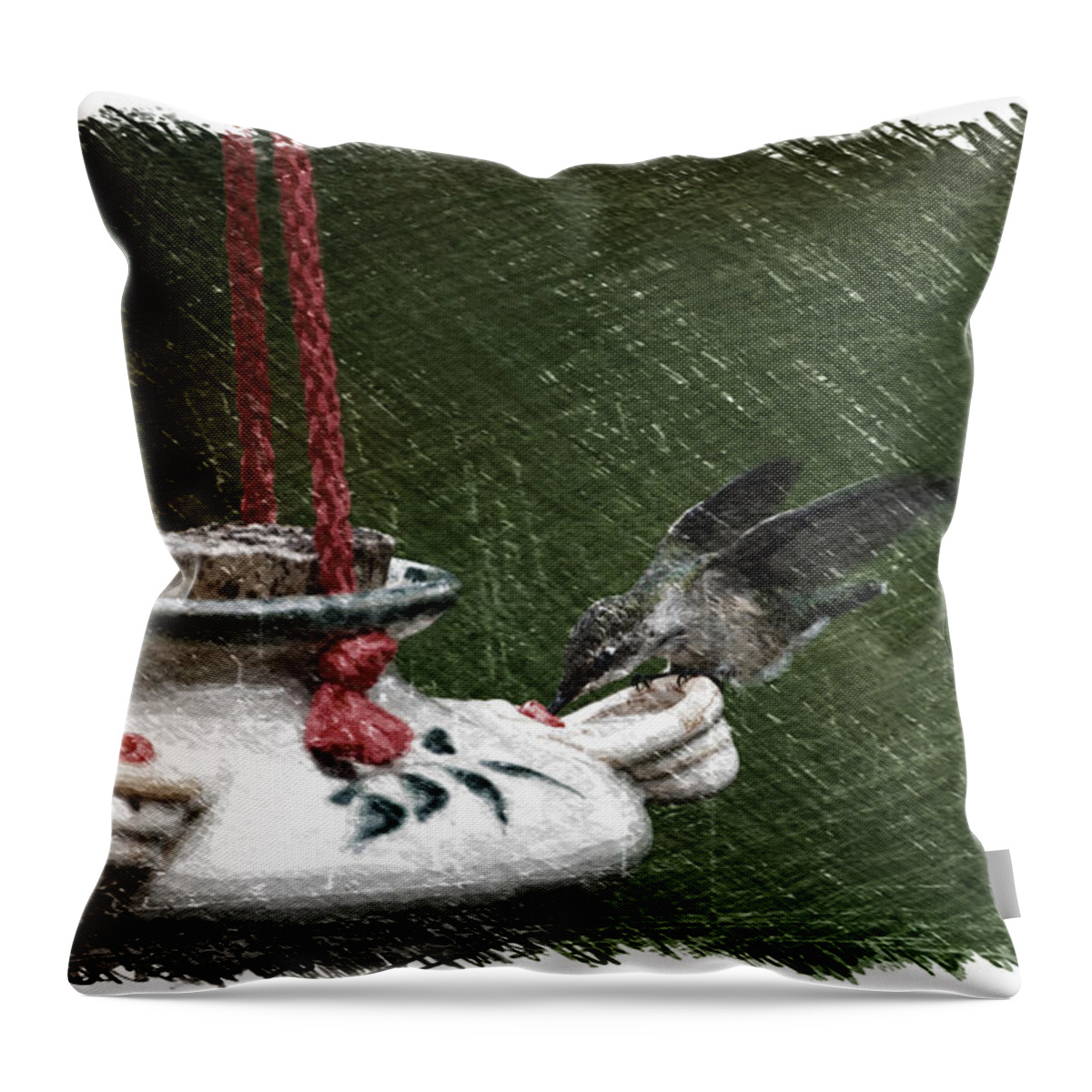 Hummingbird Throw Pillow featuring the mixed media Hummingbird At The Feeder PA 02 by Thomas Woolworth