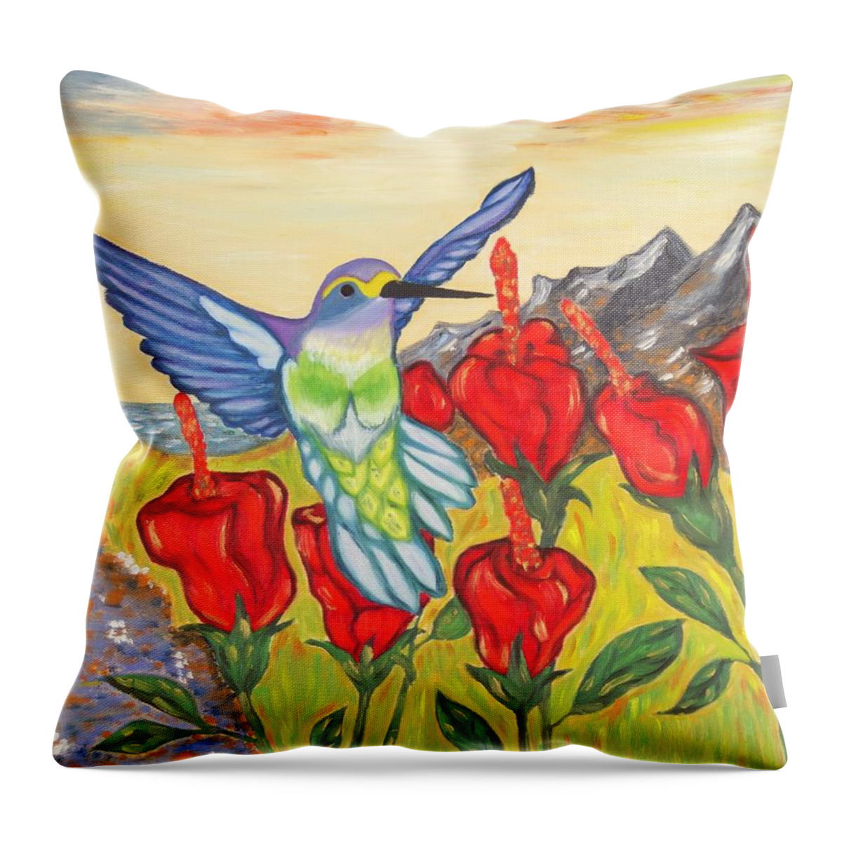 Hummingbird Throw Pillow featuring the painting Nectar of Life - Hummingbird by Neslihan Ergul Colley