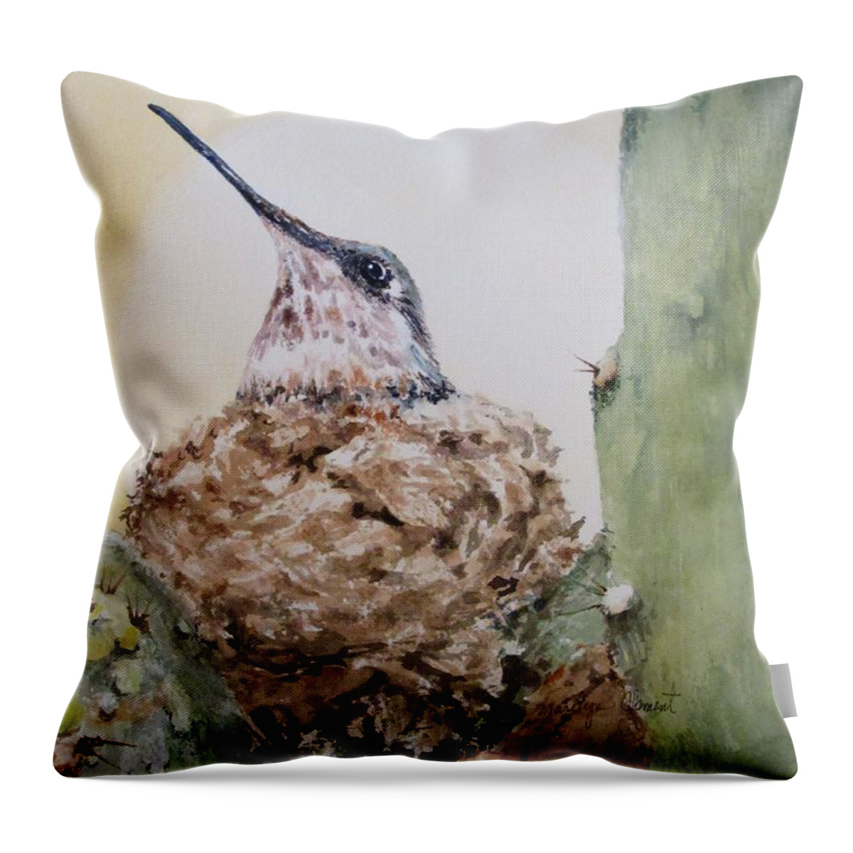 Birds Throw Pillow featuring the painting Hummingbird Nesting in Cactus by Marilyn Clement