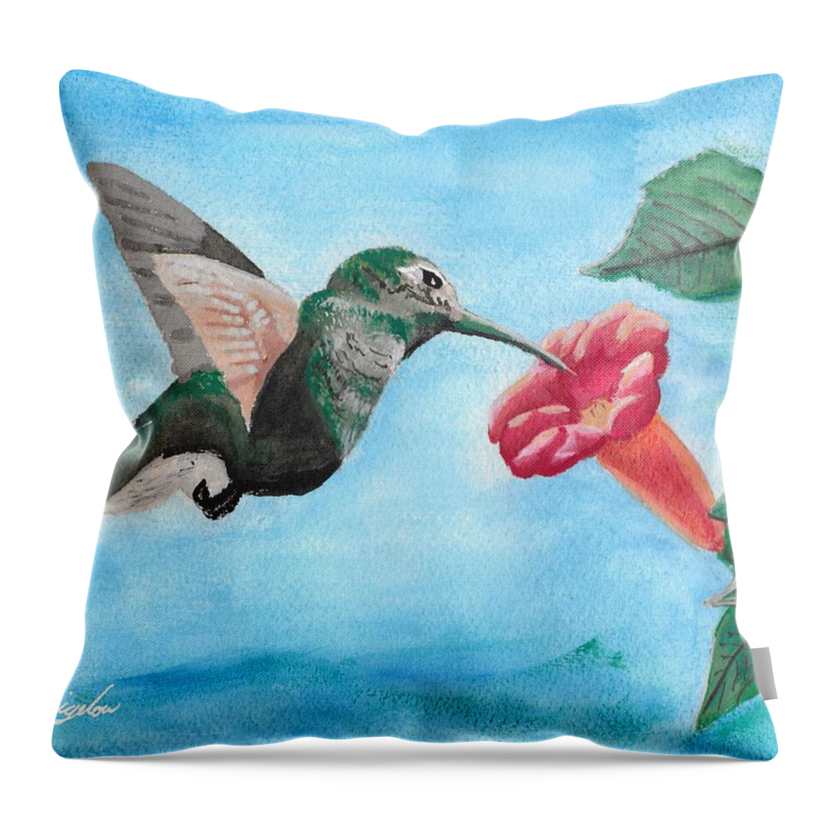 Trumpet Creeper Throw Pillow featuring the painting Hummingbird Trumpet by David Bigelow