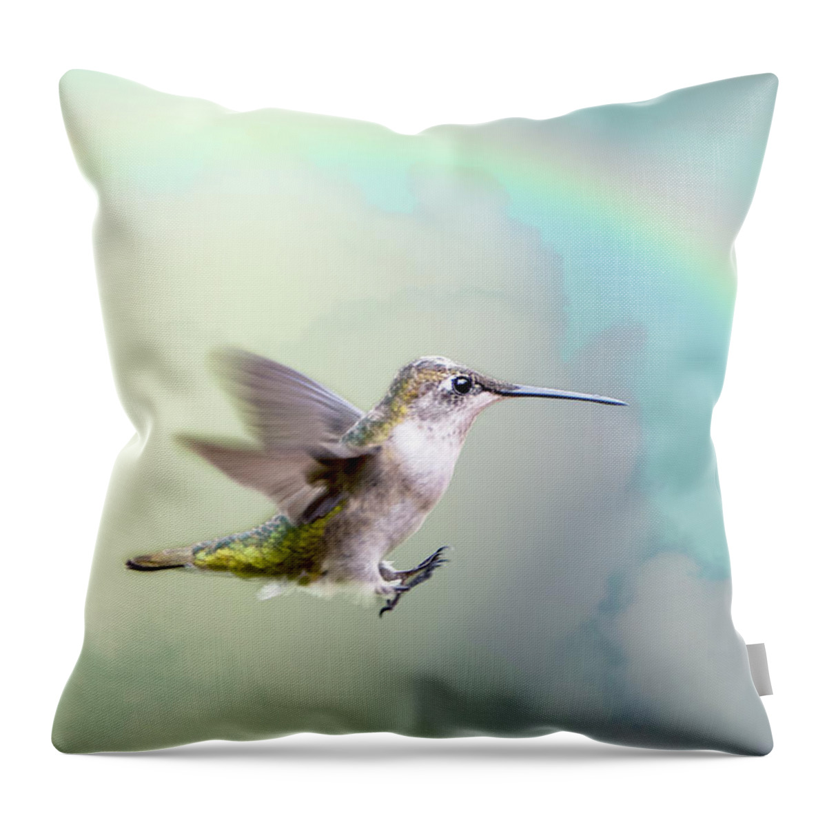 Hummingbird Throw Pillow featuring the photograph Hummingbird Under Rainbow by Bonnie Barry