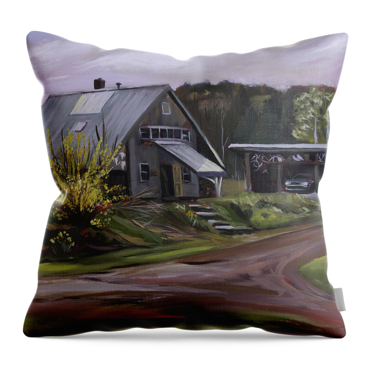 Spring Throw Pillow featuring the painting Humpals Barn by Nancy Griswold