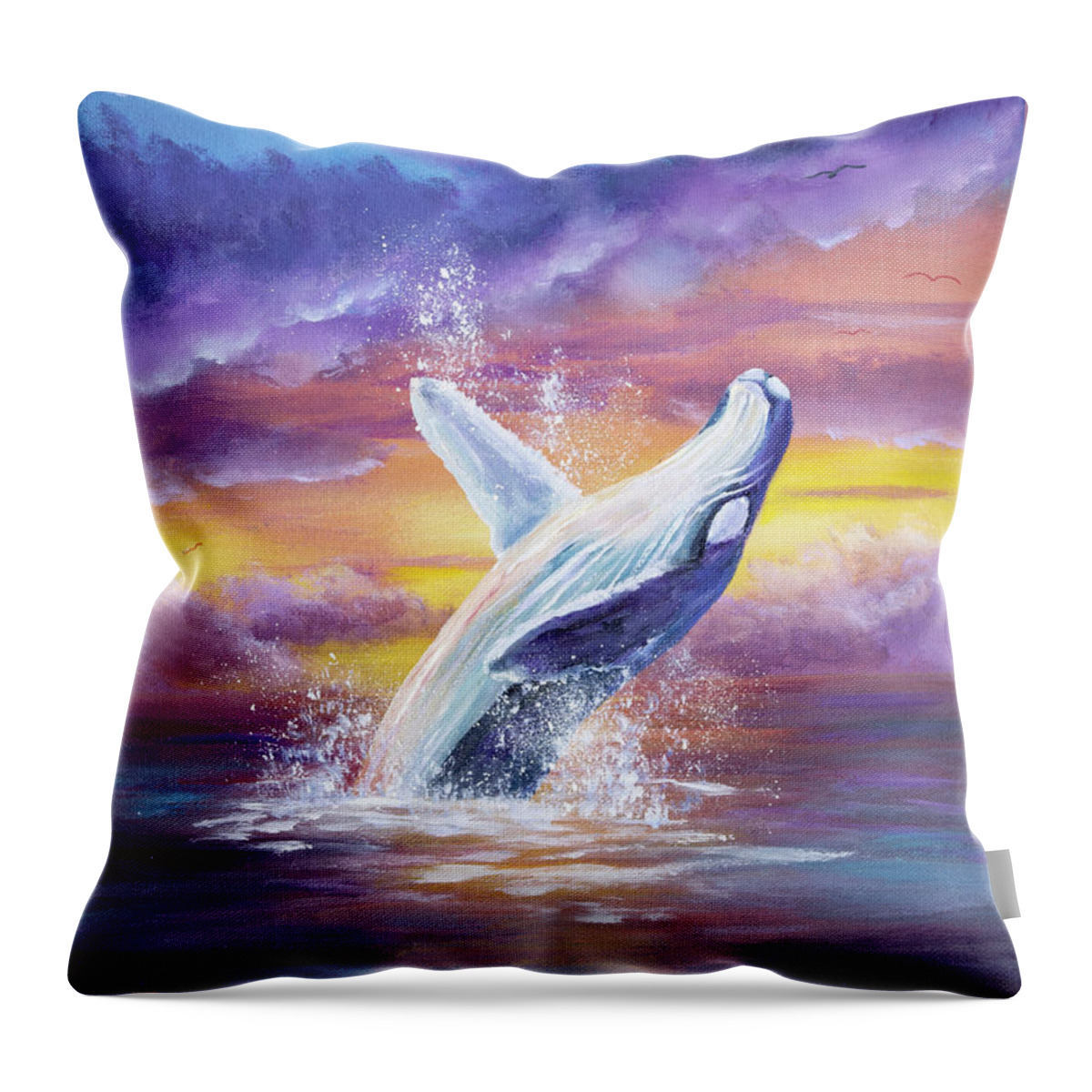 Whale Throw Pillow featuring the painting Humpback Whale in Sunset by Laura Iverson