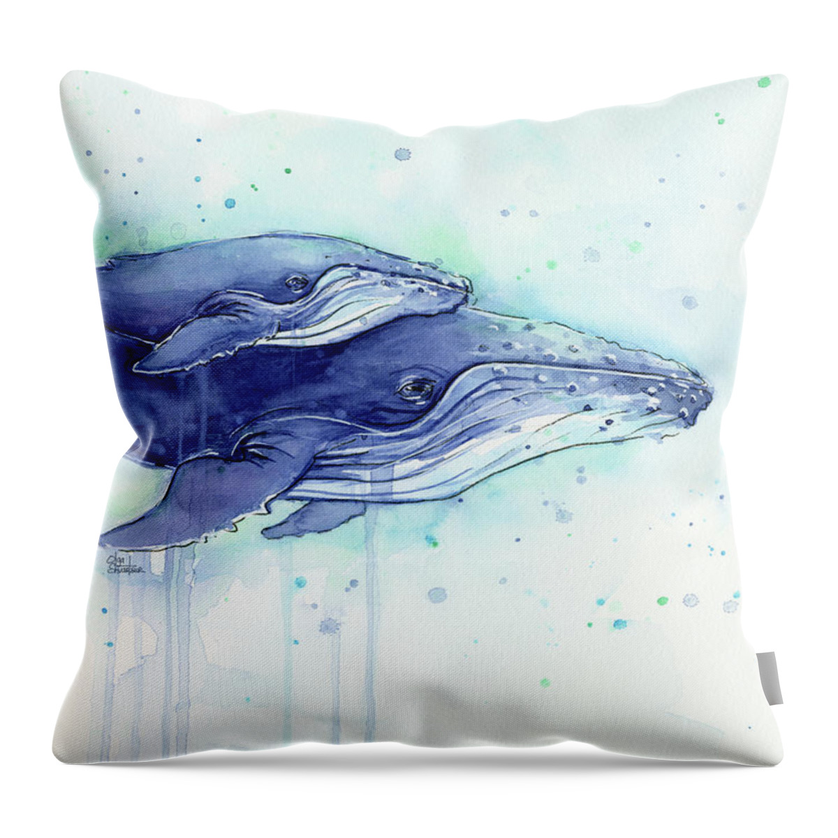 Whale Throw Pillow featuring the painting Humpback Whales Mom and Baby Watercolor Painting - Facing Right by Olga Shvartsur