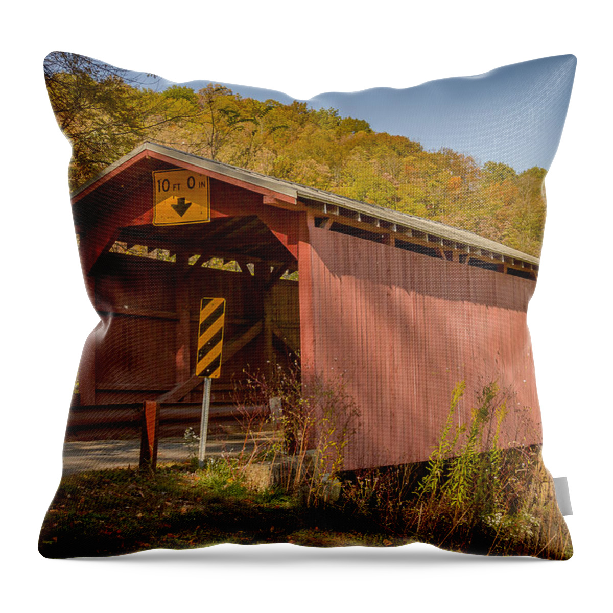 America Throw Pillow featuring the photograph Hundred or Fish Creek Covered Bridge by Jack R Perry
