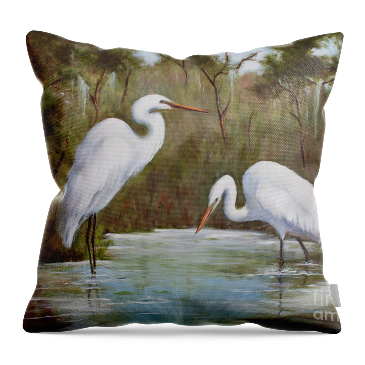 Egrets Throw Pillow featuring the painting Hunting for Prey by Glenda Cason