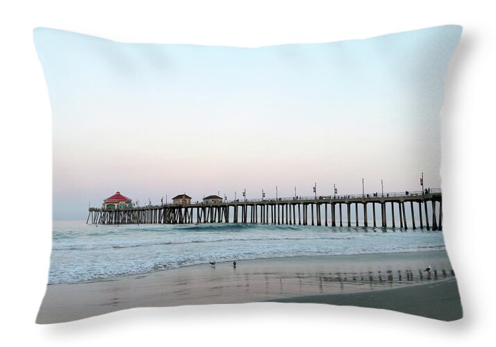 Art Block Collections Throw Pillow featuring the photograph Huntington Beach - Morning Has Broken by Art Block Collections