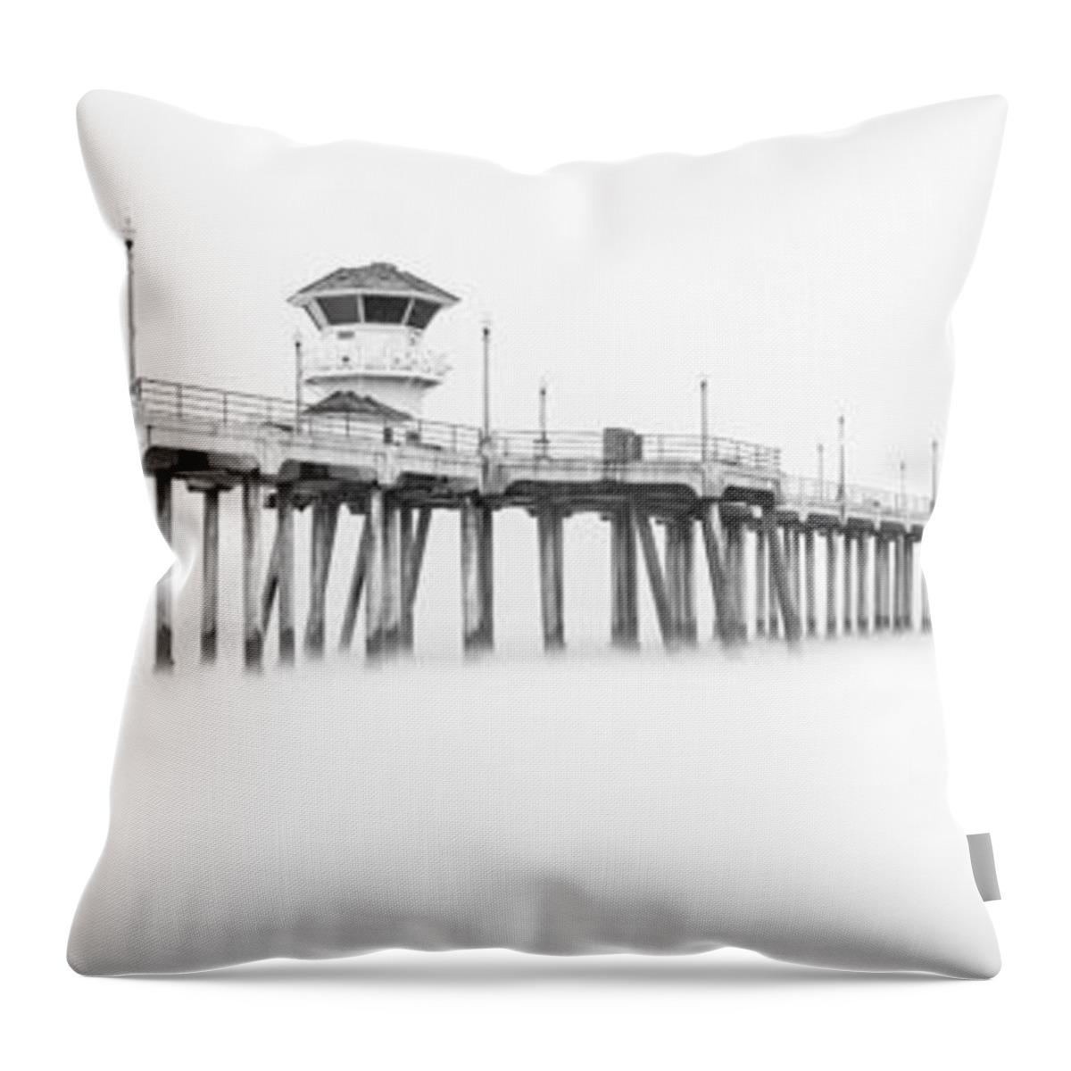 America Throw Pillow featuring the photograph Huntington Beach Pier Panorama in Black and White by Paul Velgos