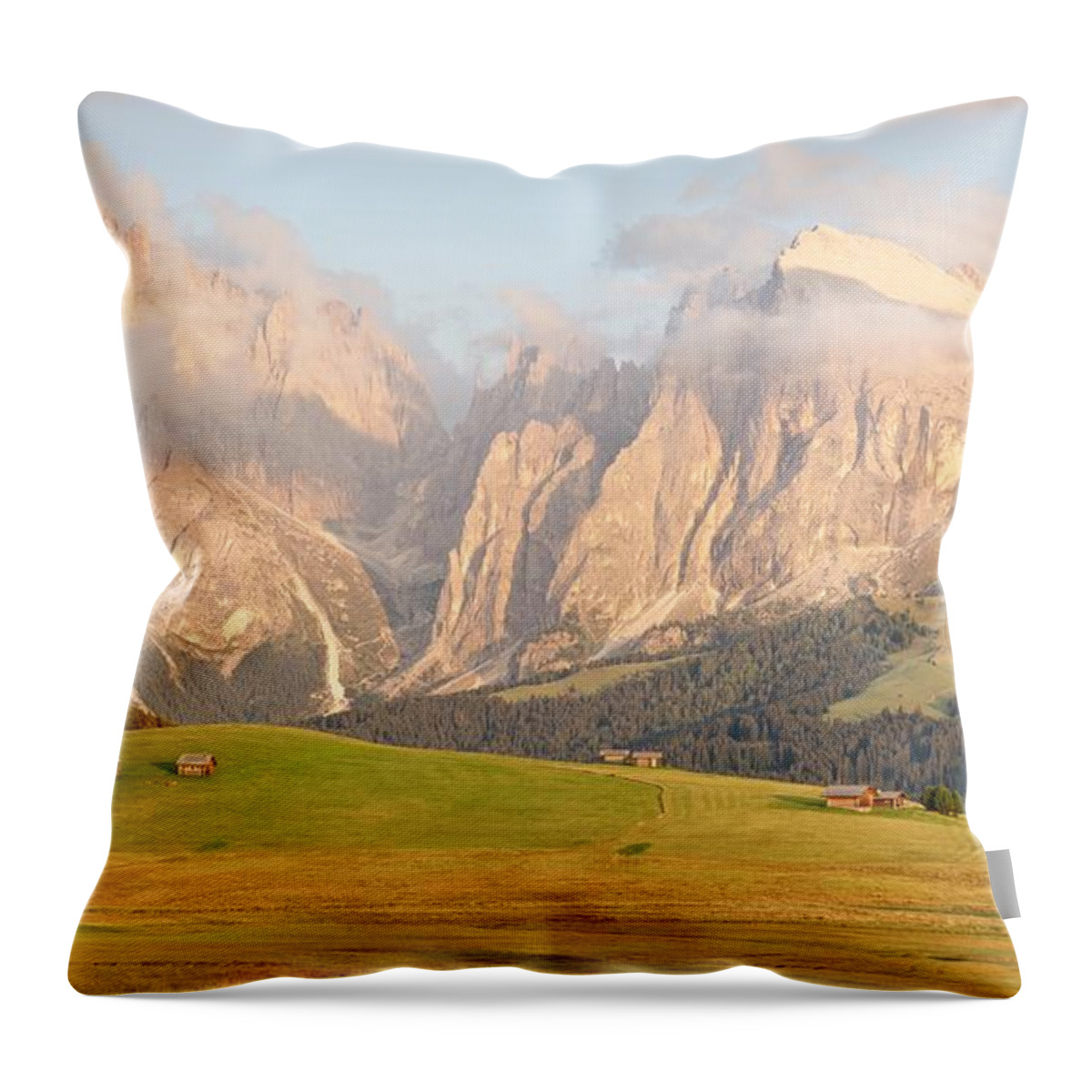 Alpe Di Siusi Throw Pillow featuring the photograph Huts on the Alpe di Siusi by Stephen Taylor