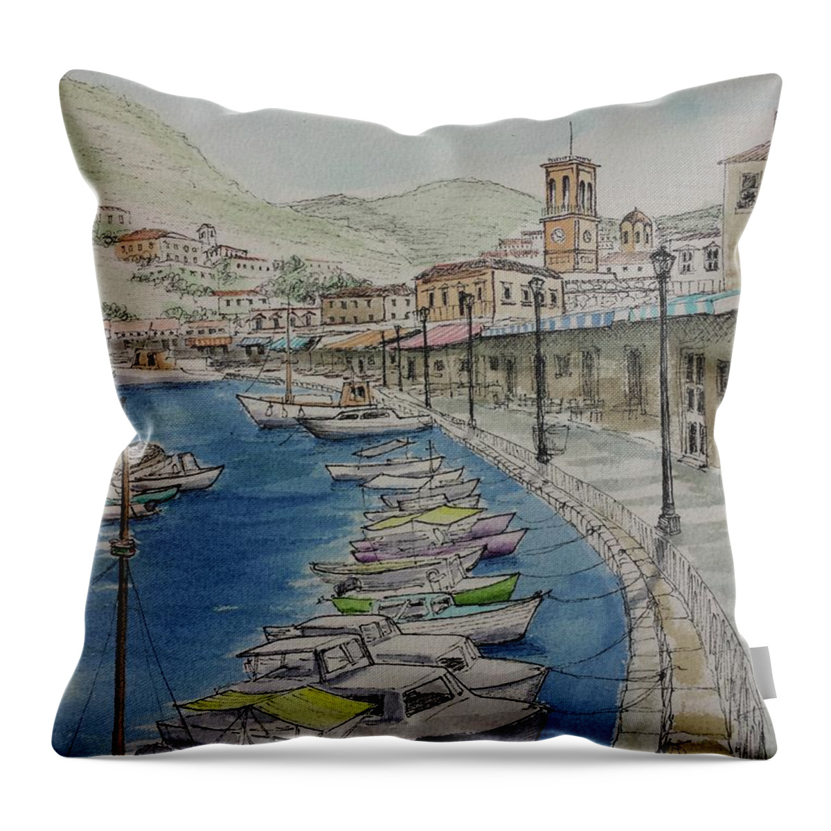 Harbor Throw Pillow featuring the painting Hydra Clock Tower by Vic Delnore