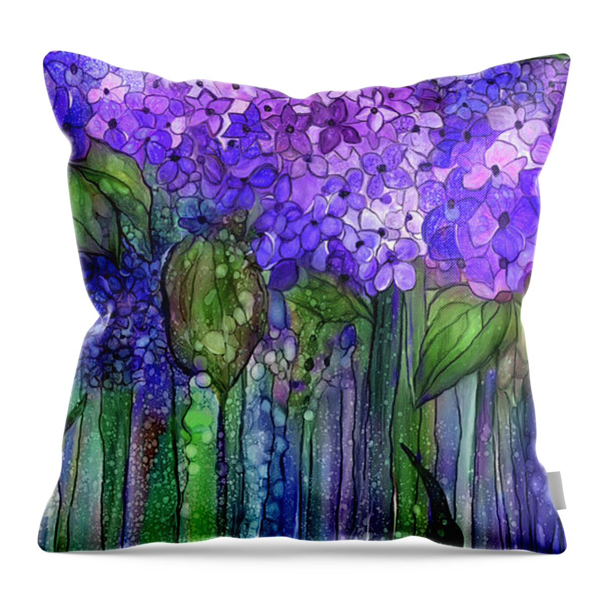 Carol Cavalaris Throw Pillow featuring the mixed media Hydrangea Bloomies 2 - Purple by Carol Cavalaris