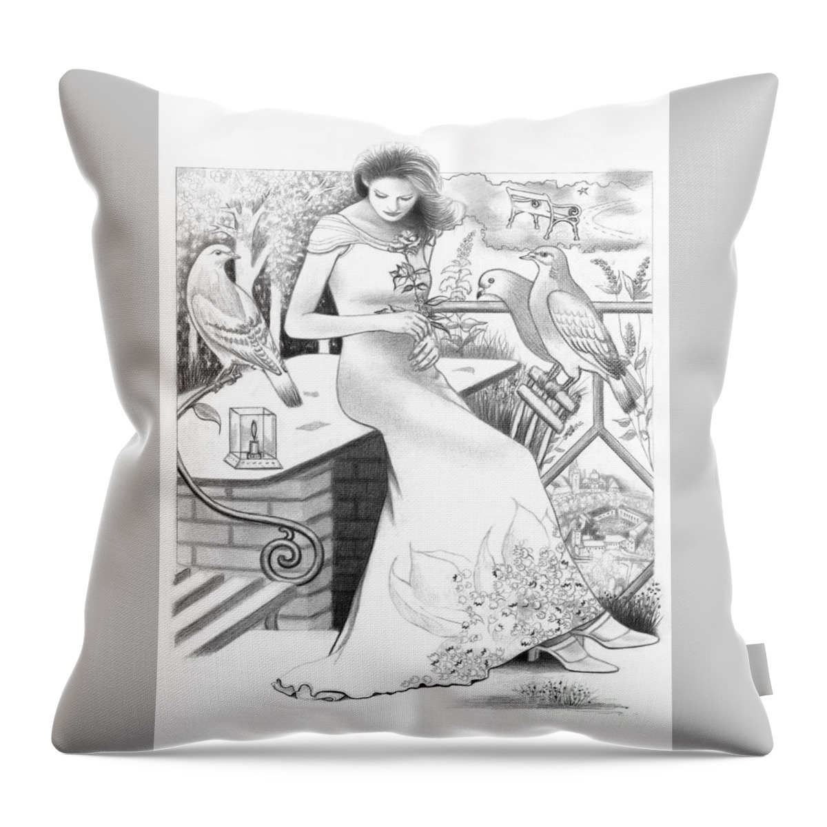 Girl Throw Pillow featuring the drawing I Miss You by Mira Ostojic