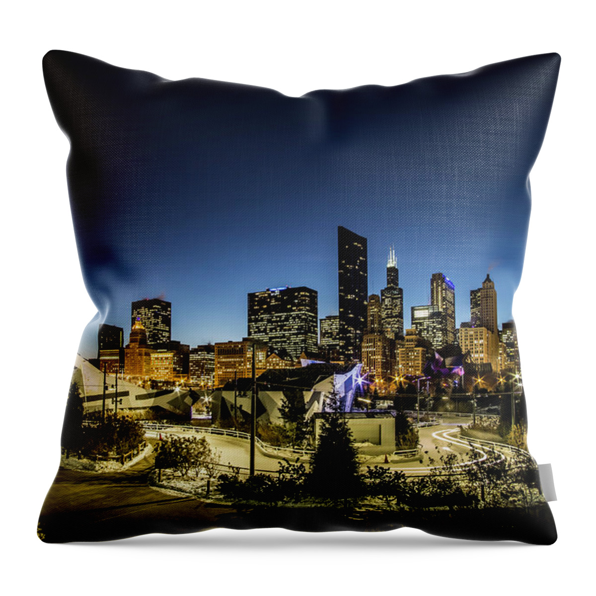 Chicago Skyline Throw Pillow featuring the photograph ice ribbon and Chicago Skyline by Sven Brogren