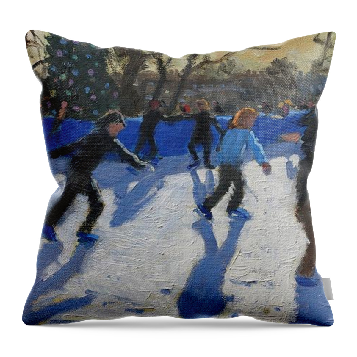Ice Throw Pillow featuring the painting Ice Skaters at Christmas Fayre in Hyde Park London by Andrew Macara