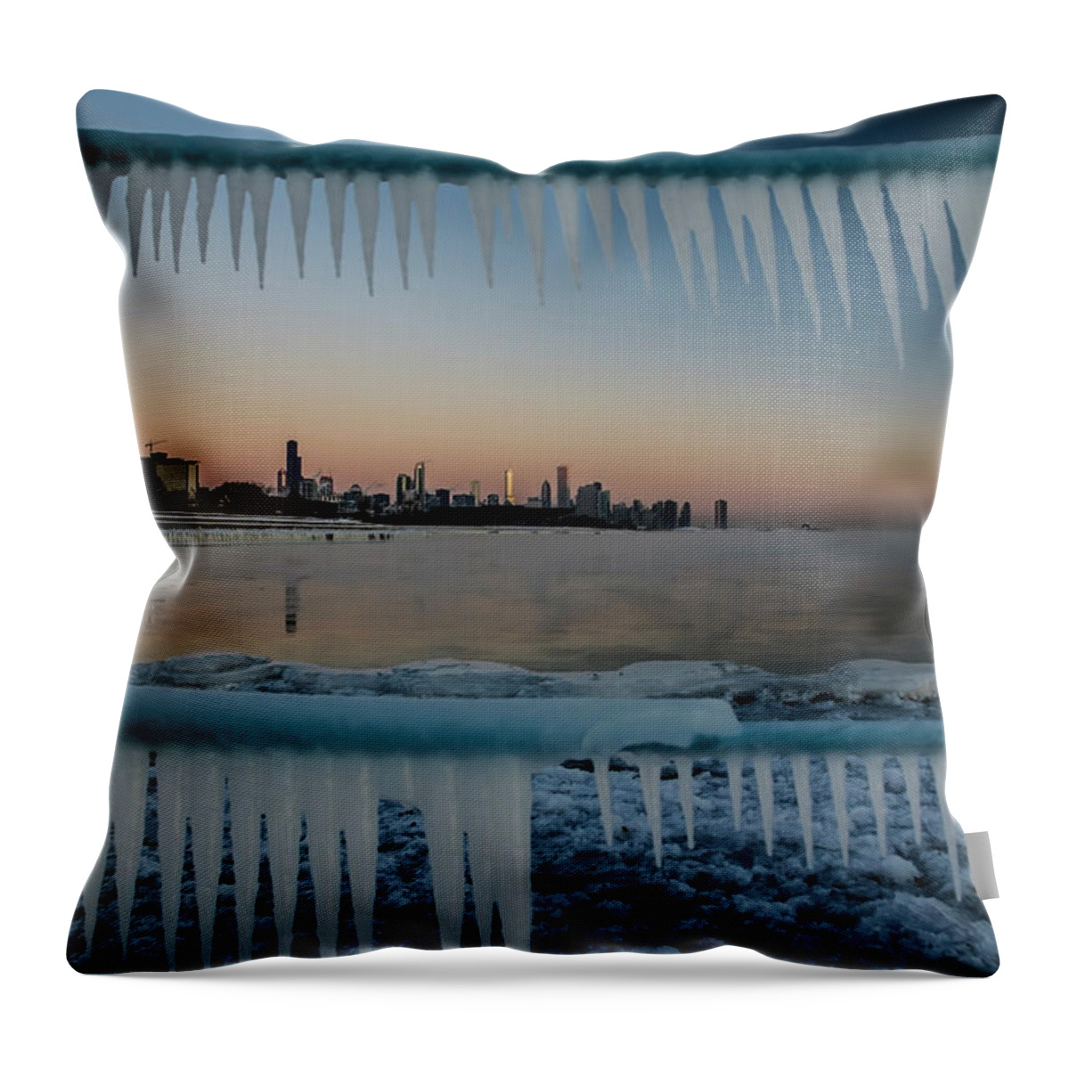 Icicles Throw Pillow featuring the photograph Icicles and Chicago Skyline by Sven Brogren