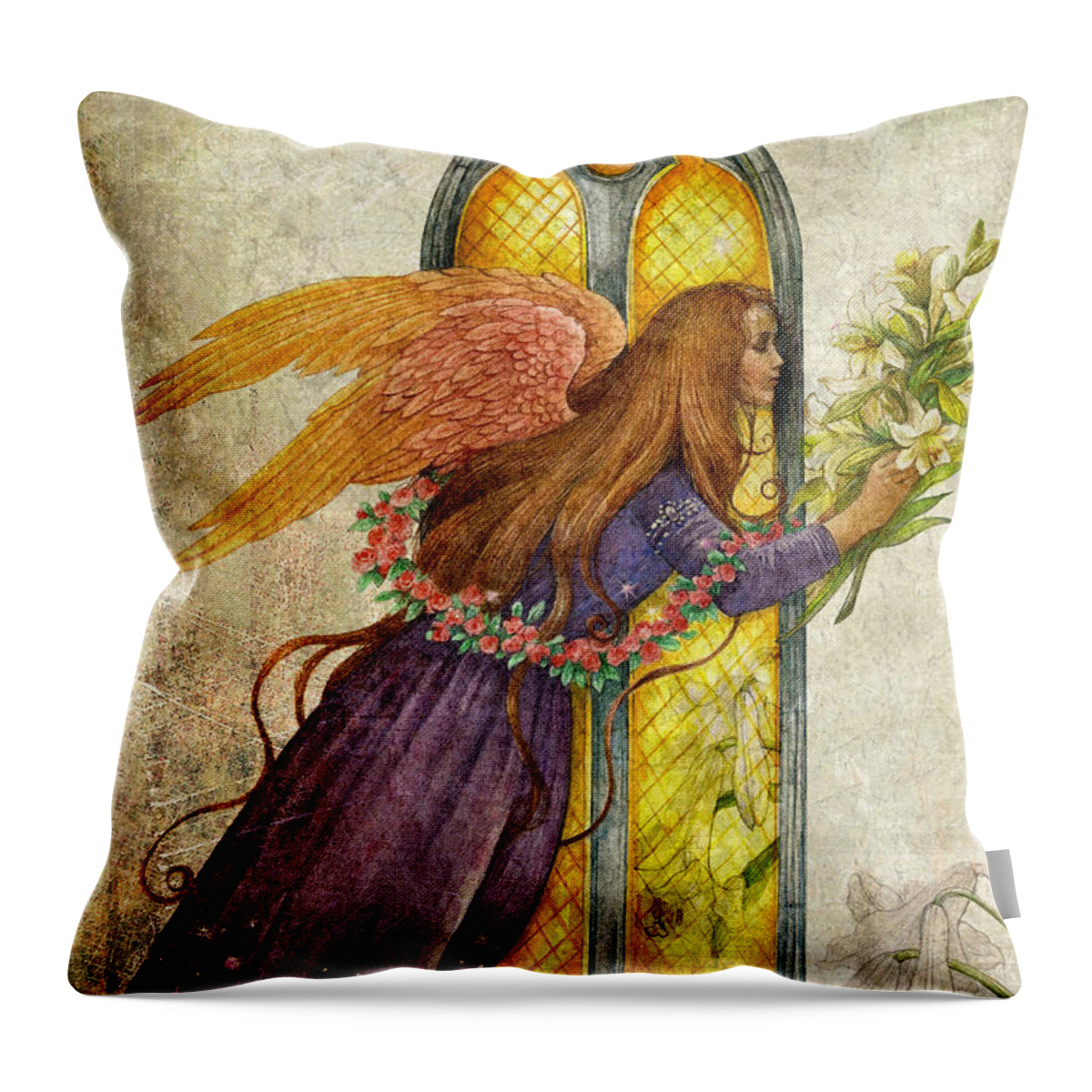 Rejoice Throw Pillow featuring the painting Illustrated Angel and Lily by Judith Cheng
