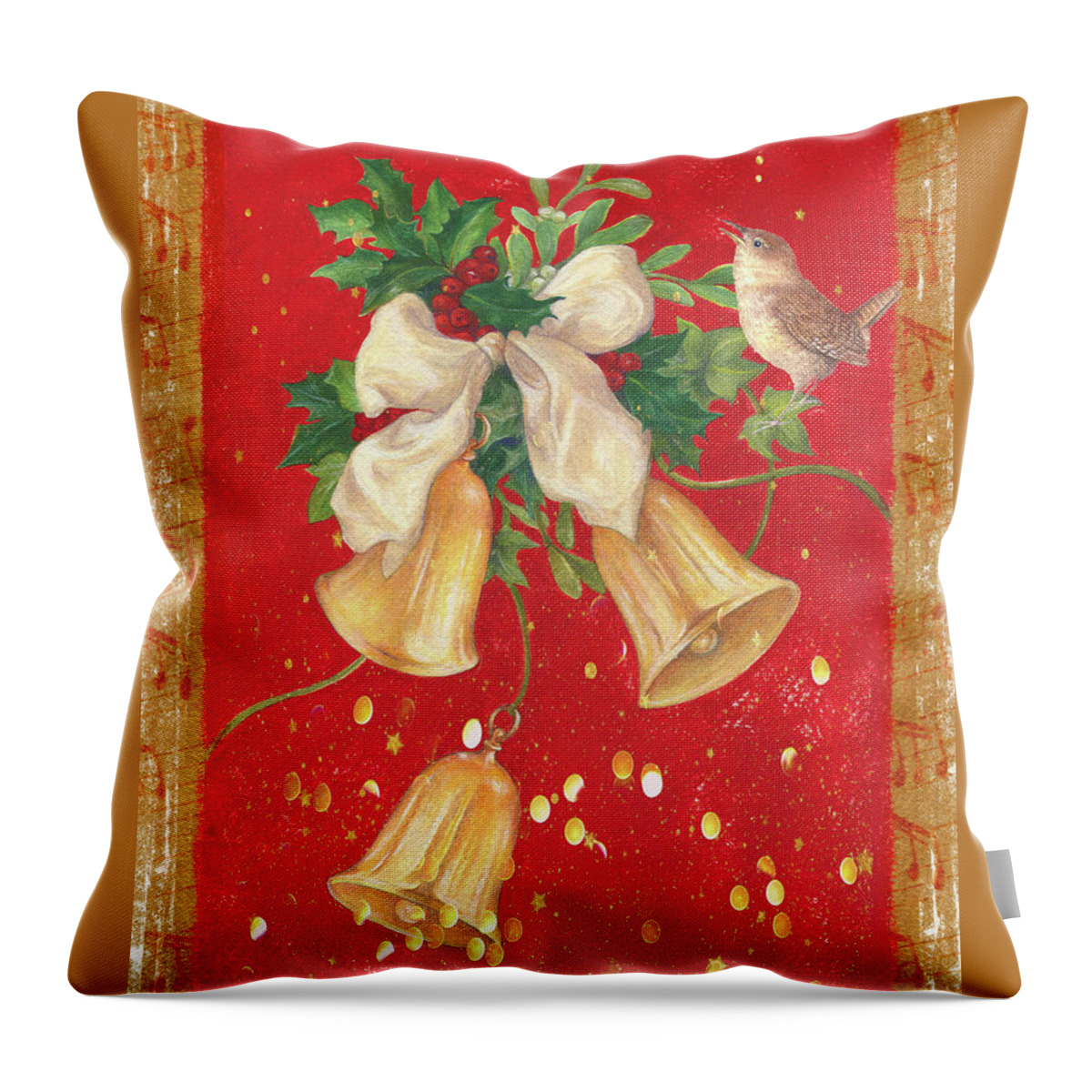 Bells Are Chiming Throw Pillow featuring the painting Illustrated Holly, Bells with Birdie by Judith Cheng