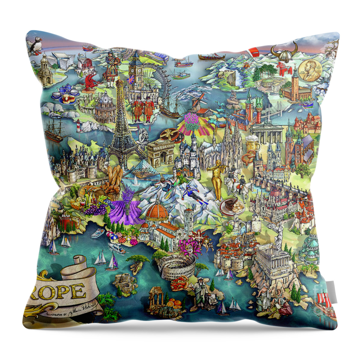 Europe Throw Pillow featuring the painting Illustrated Map of Europe by Maria Rabinky