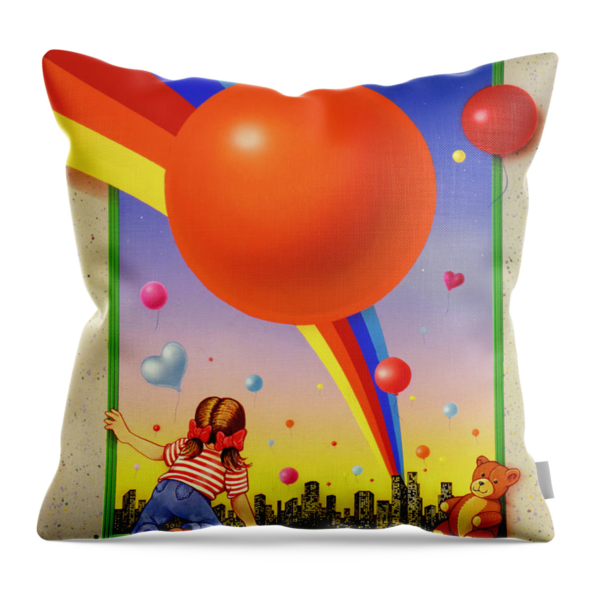 Balloons Winder Child Teddy Bear Joy Kids Rainbow Throw Pillow featuring the mixed media Imagine by Murry Whiteman
