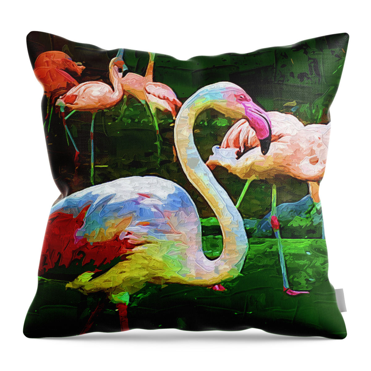 Tropical-birds Throw Pillow featuring the digital art Impasto Flamingo by Kirt Tisdale