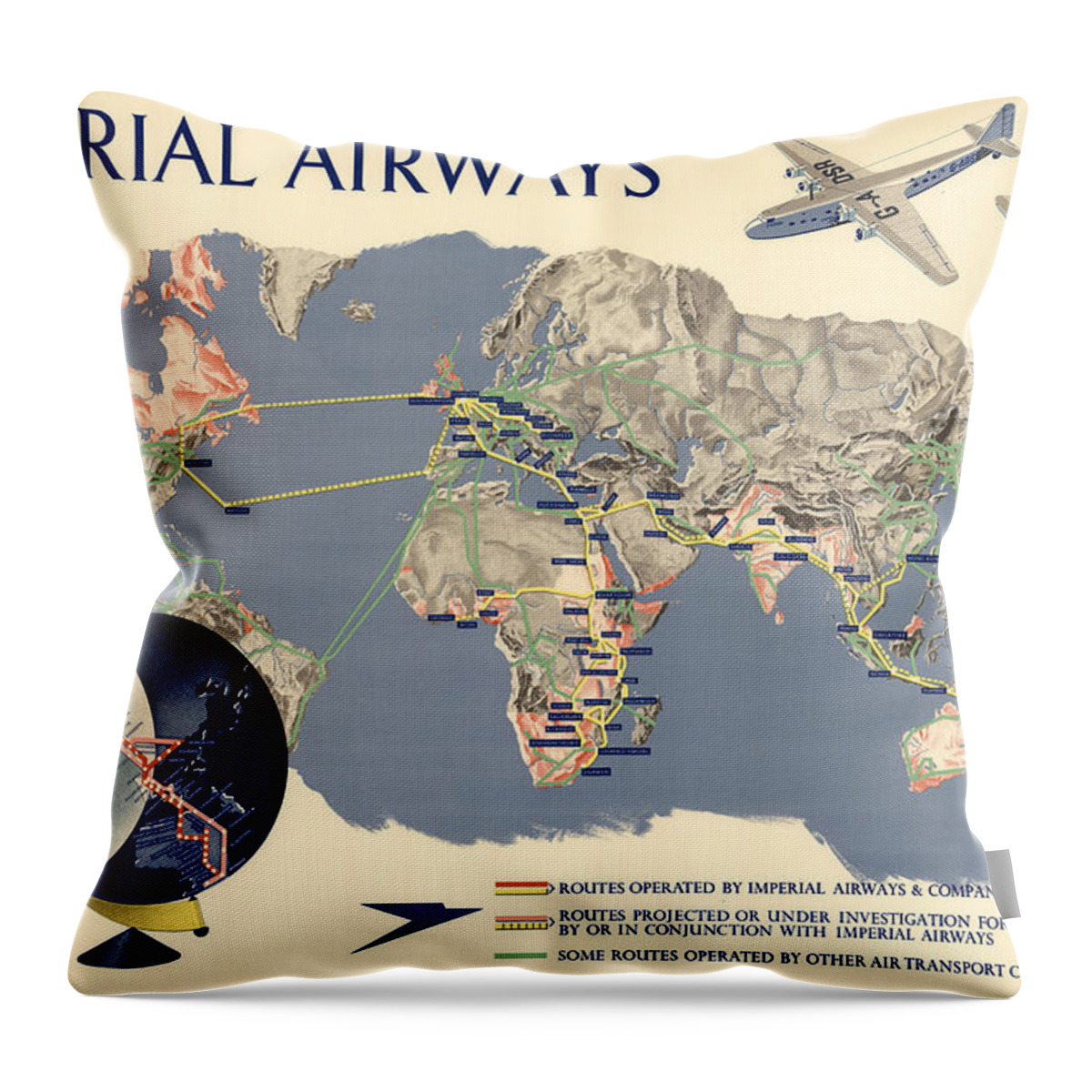 Imperial Airways Throw Pillow featuring the mixed media Imperial Airways - Vintage Travel Advertising Poster - World Map by Studio Grafiikka