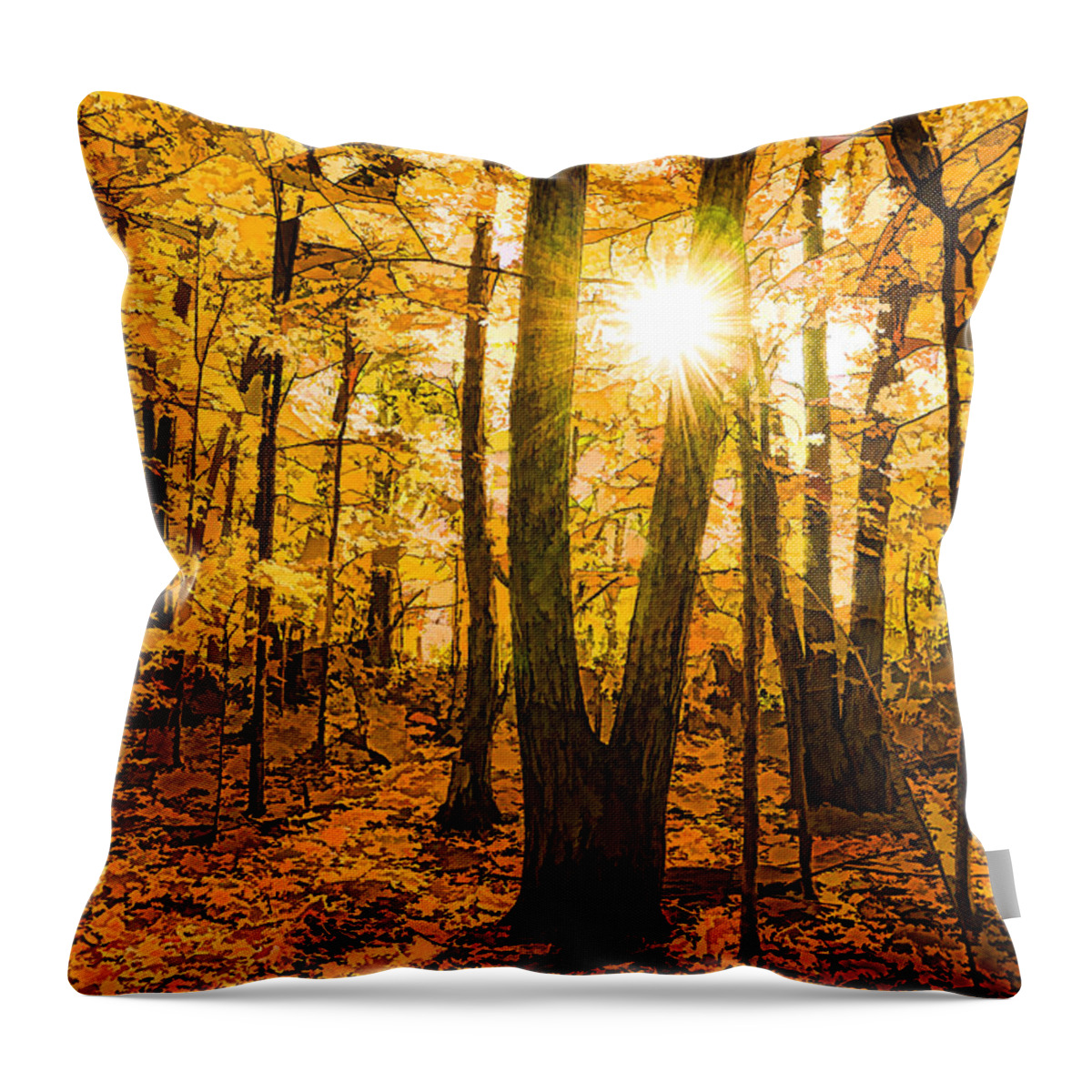 Georgia Mizuleva Throw Pillow featuring the painting Impressions of Forests - Sunburst in the Golden Forest by Georgia Mizuleva