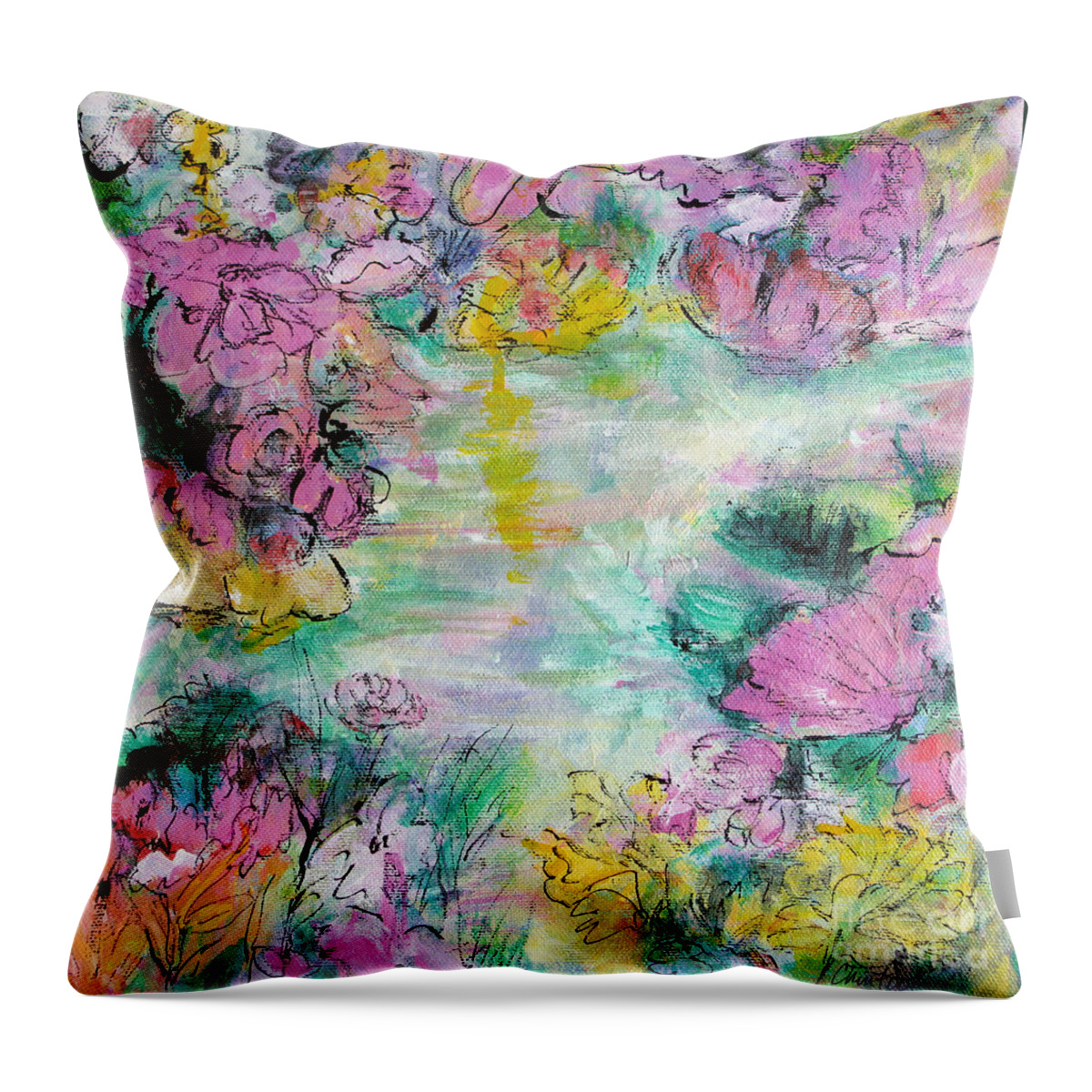 Abstract Florals Throw Pillow featuring the mixed media Impressions of Spring by Christine Chin-Fook