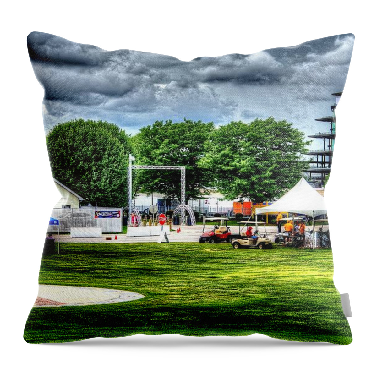 Indianapolis Motor Speedway Hospital And Control Tower Indy Throw Pillow featuring the photograph IMS Hospital by Josh Williams