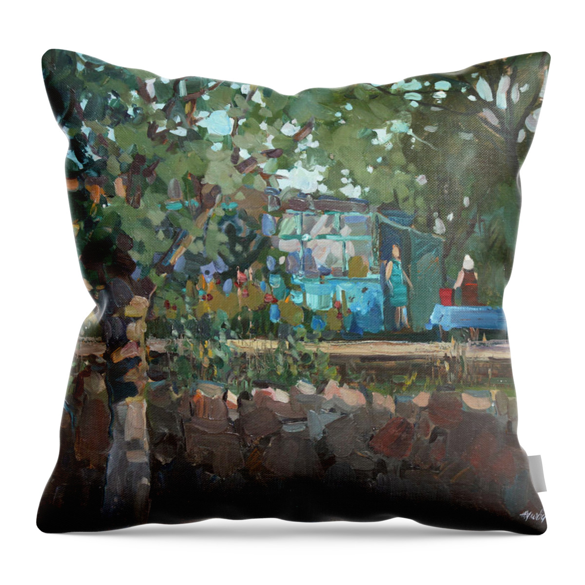 Summer Throw Pillow featuring the painting In a garden at the grandmother by Juliya Zhukova