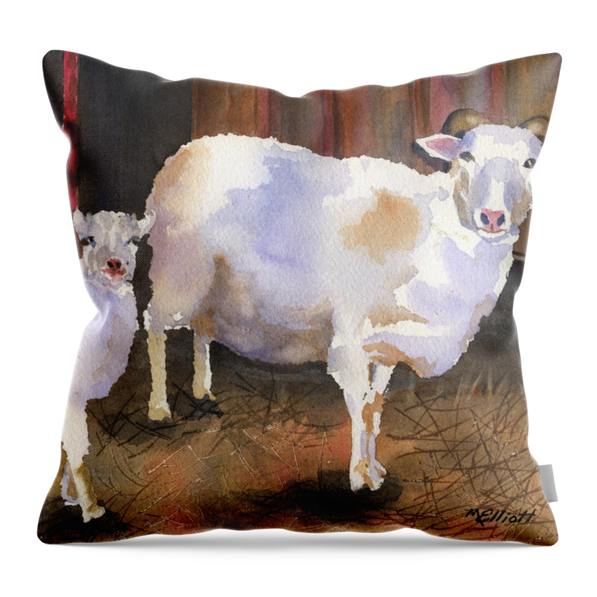 Lamb Throw Pillow featuring the painting In For the Night by Marsha Elliott