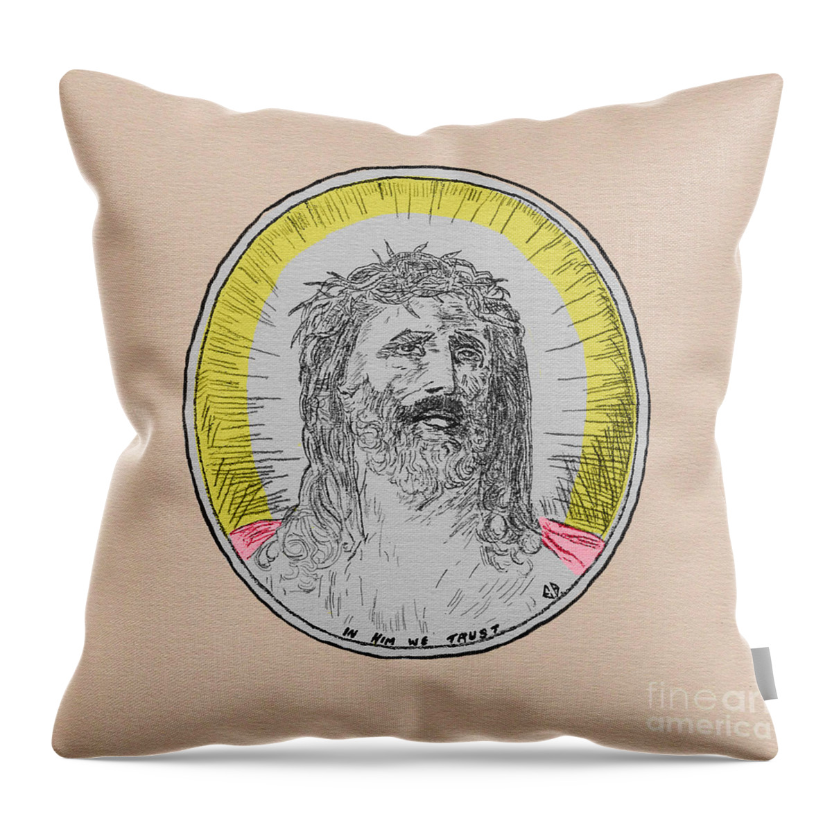Jesus Throw Pillow featuring the drawing In Him We Trust Colorized by Donna L Munro