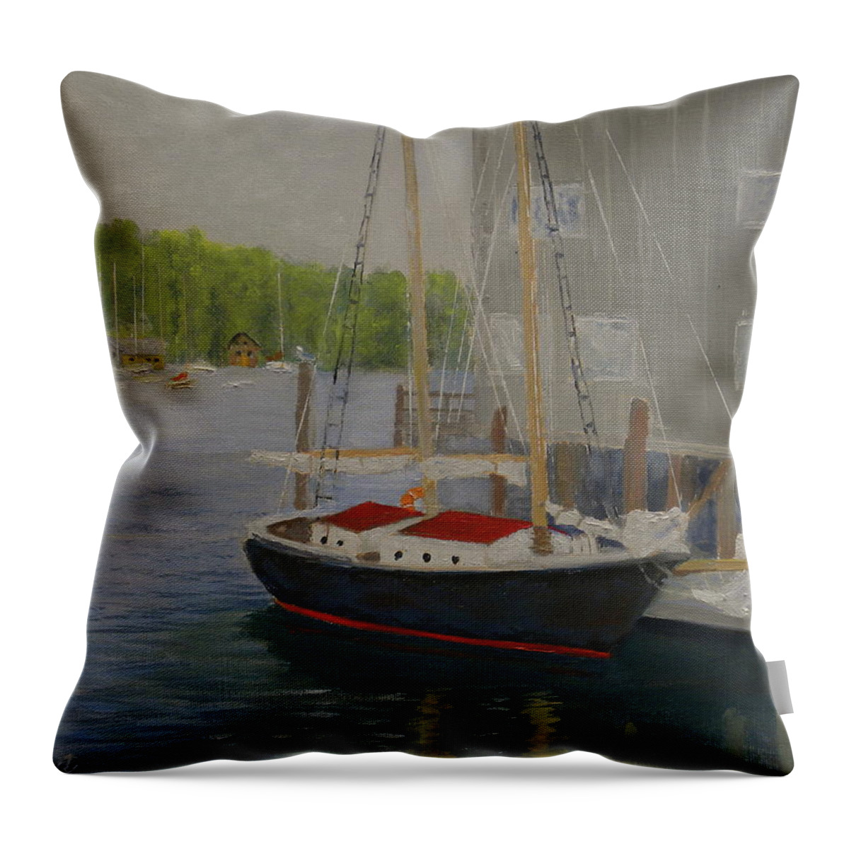 Sailboat Harbor Ocean Sea Dock Marina Throw Pillow featuring the painting In Port by Scott W White