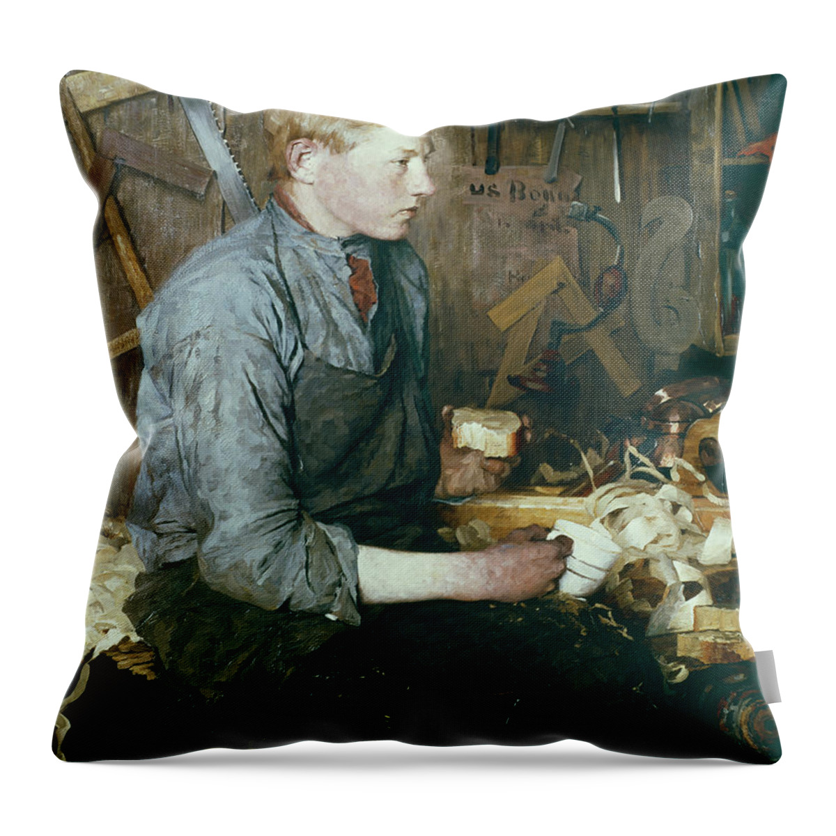 Fredrik Kolstoe Throw Pillow featuring the painting In the carpenters workroom by O Vaering by Fredrik Kolstoe