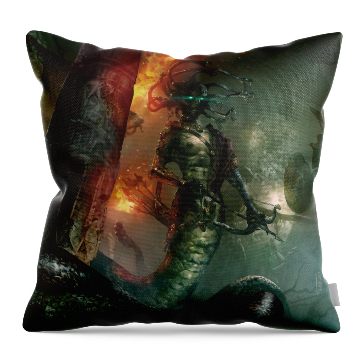 Gorgon Throw Pillow featuring the digital art In the Lair of the Gorgon by Ryan Barger
