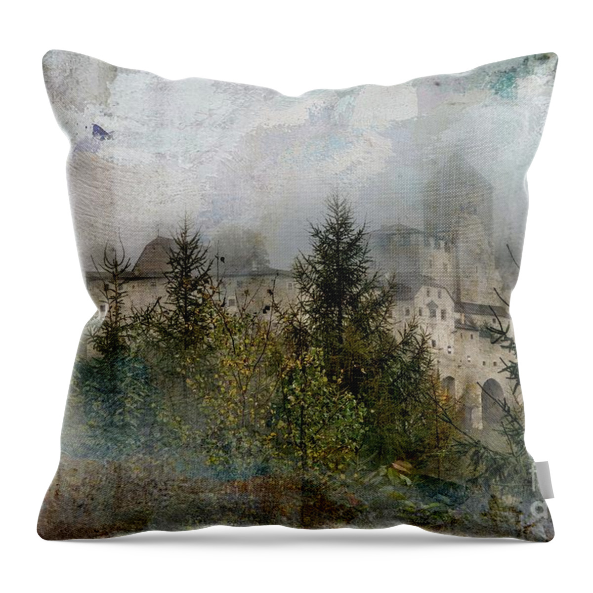 Burg Taufers Throw Pillow featuring the mixed media In the Mist by Eva Lechner
