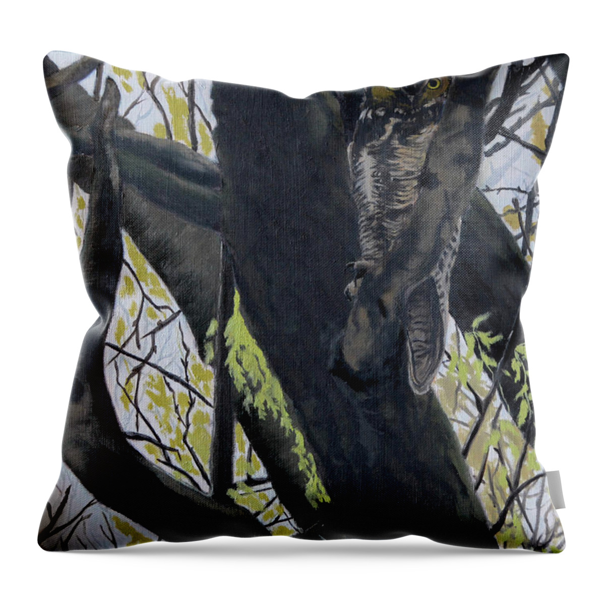 Great Horned Owl Throw Pillow featuring the painting In the shadow-Ojibway great horn owl by Wade Clark
