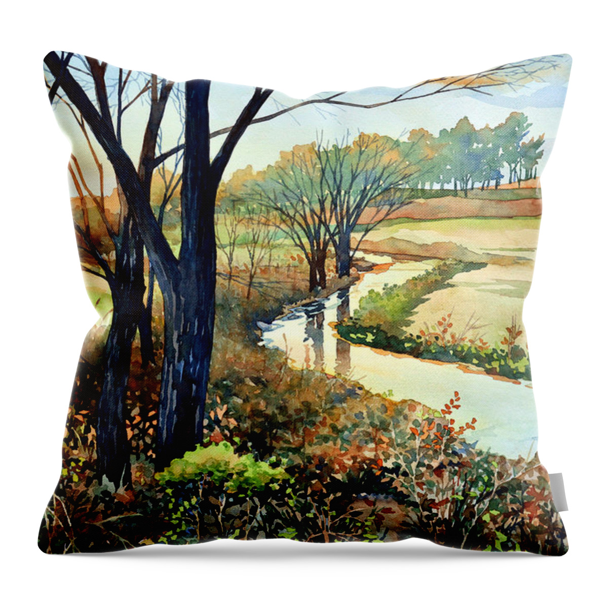 #watercolor #nature #landscape #stream #river #wild #green #sunset #art #painting Throw Pillow featuring the painting In the Wilds by Mick Williams
