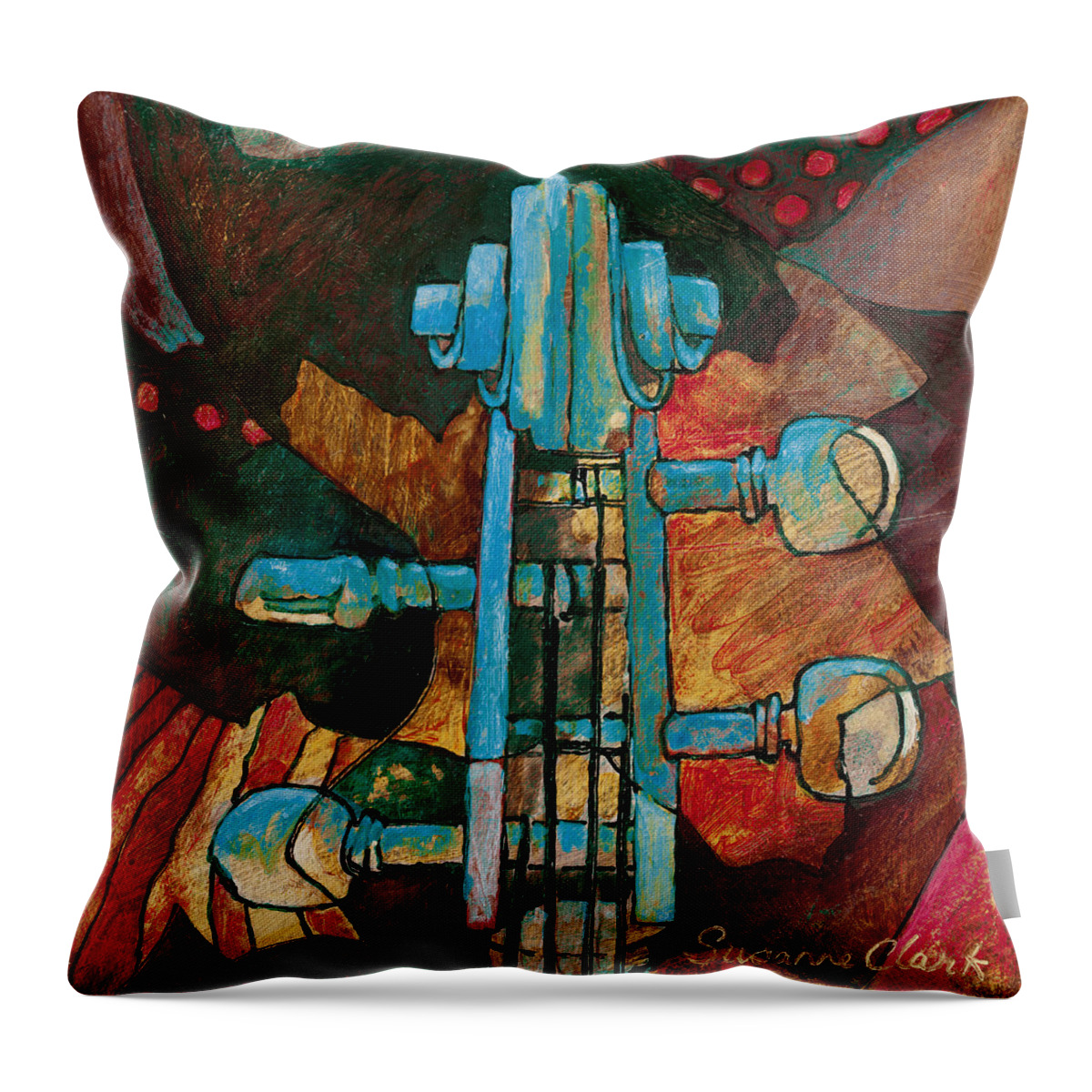 Susanne Clark Throw Pillow featuring the painting In Tune - String Instrument Scroll in Blue by Susanne Clark