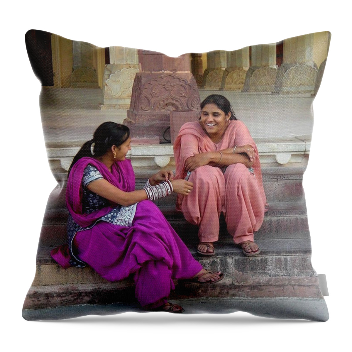 India Throw Pillow featuring the photograph India Woman talking and laughing by Sabine Meisel