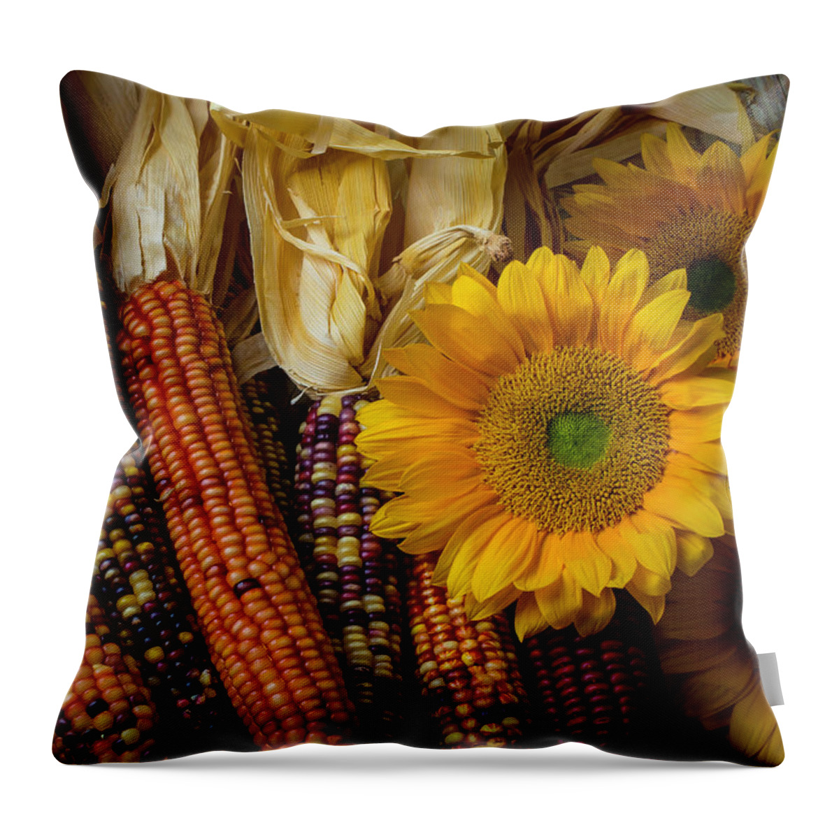 Indian Throw Pillow featuring the photograph Indian Corn And Sunflowers by Garry Gay