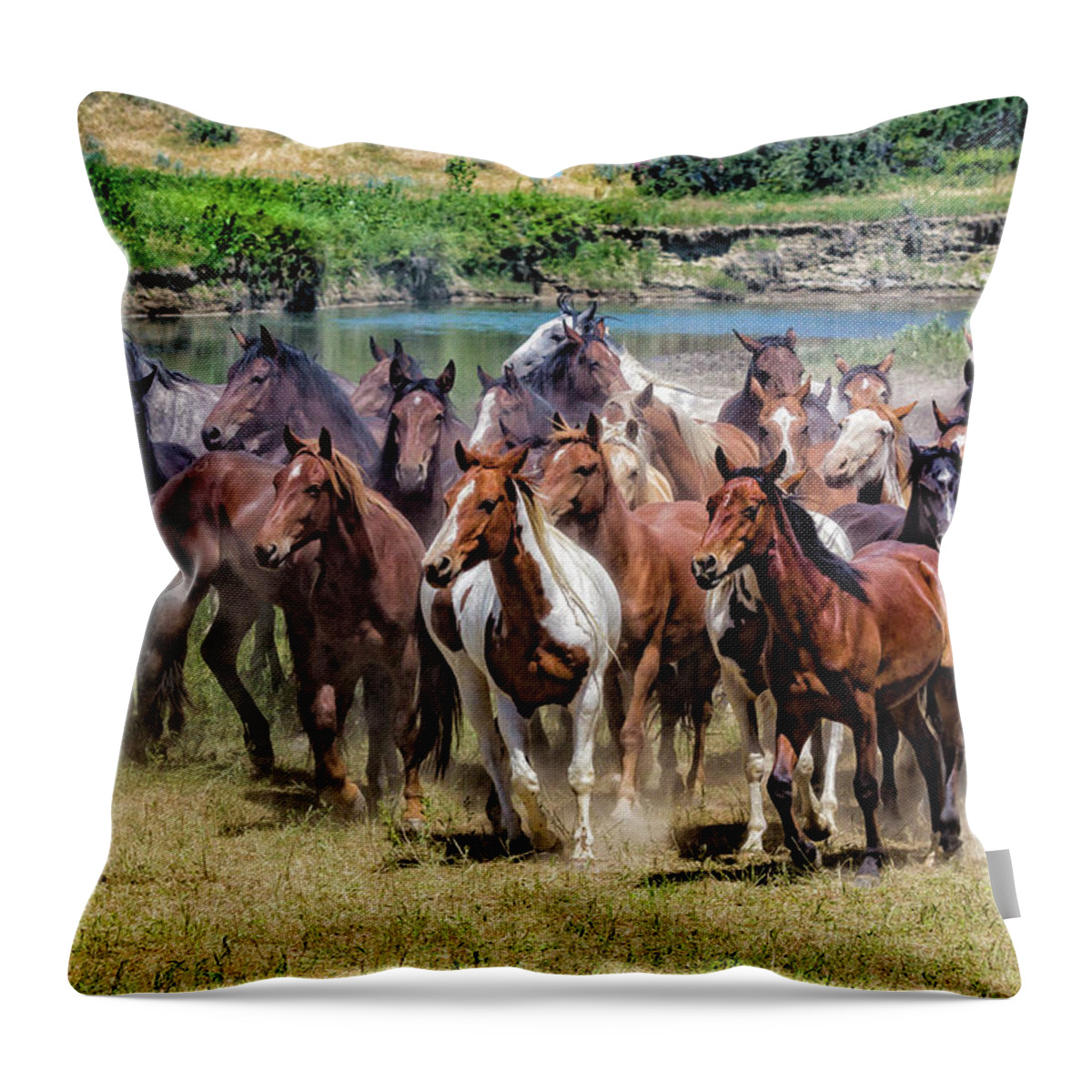 Little Bighorn Re-enactment Throw Pillow featuring the photograph Indian Horse Roundup 1 by Donald Pash