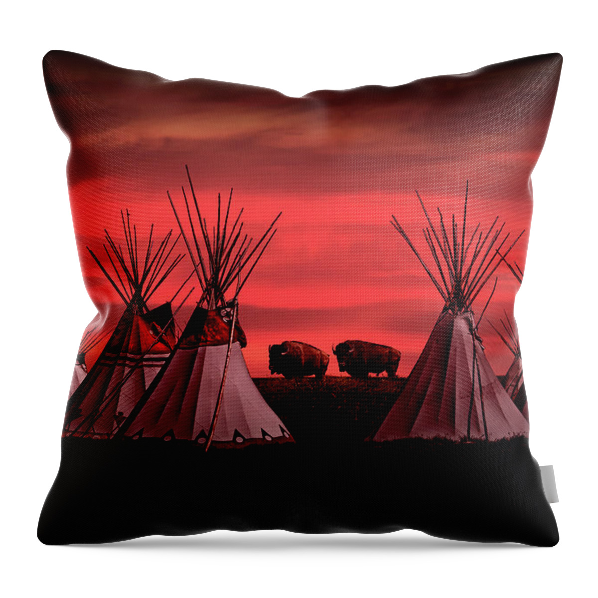 Bison Throw Pillow featuring the photograph Indian Tepees at Sunset with American Bison by Randall Nyhof