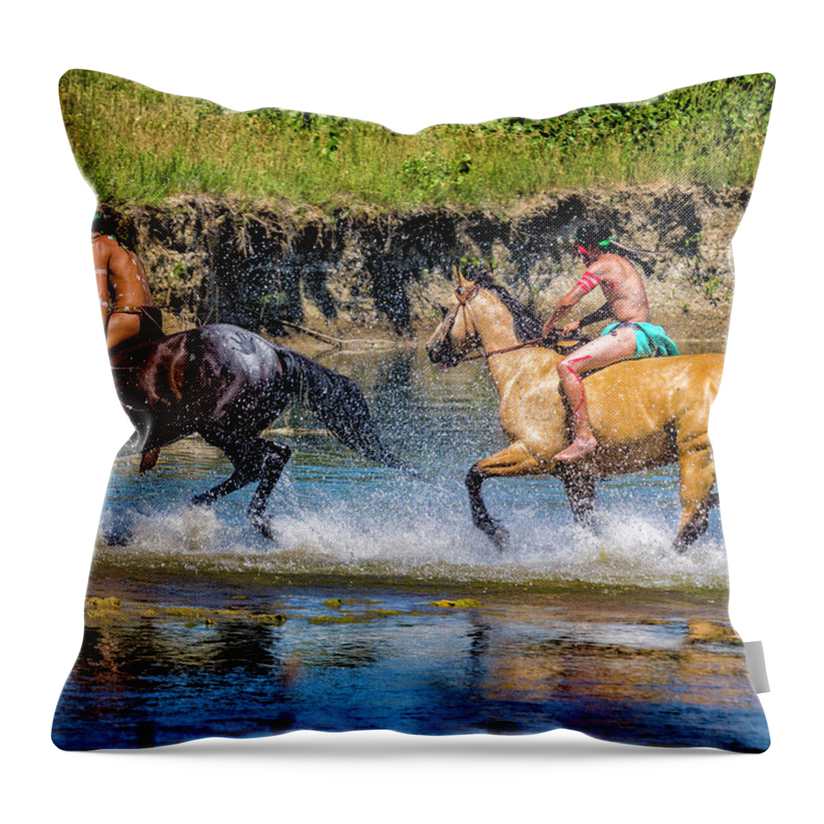 Little Bighorn Re-enactment Throw Pillow featuring the photograph Indian Warriors Crossing Little Bighorn River by Donald Pash